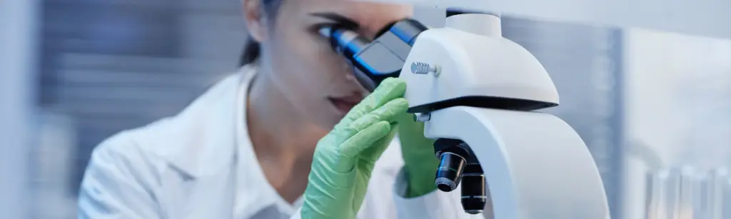 Young adult caucasian woman observing specimen through laboratory microscope